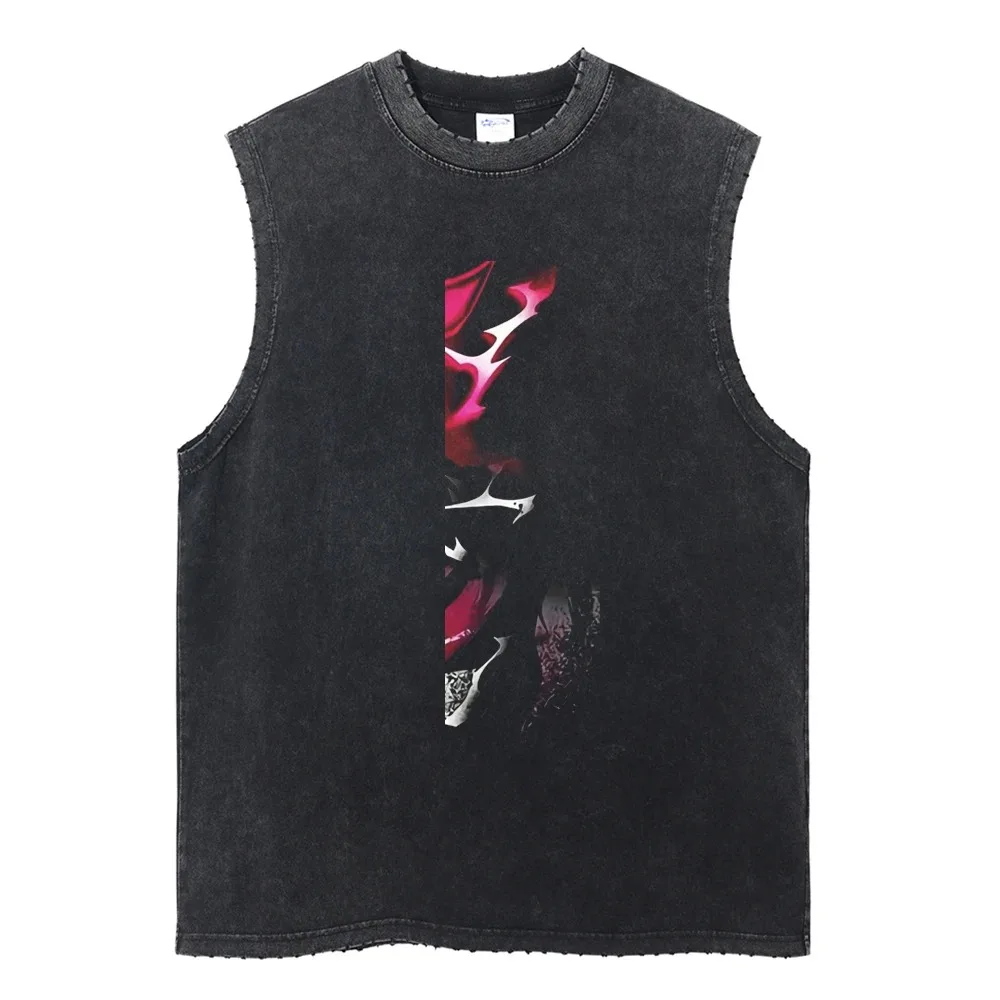 تيشيرتات رجالية قطنية عتيقة بلا أكمام ، توبات غير رسمية أنيمي مغسولة ، موضة hardigha ، توب كبير الحجم ، تيشيرتات ، ملابس شارع