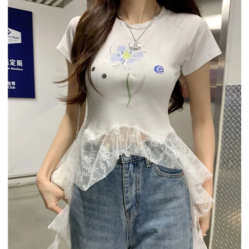 Summer New Lace Elegant Blouse High End Elegant Irregular Streamer Slim Waist Printed Short Sleeved O-neck T-shirt Office Lady