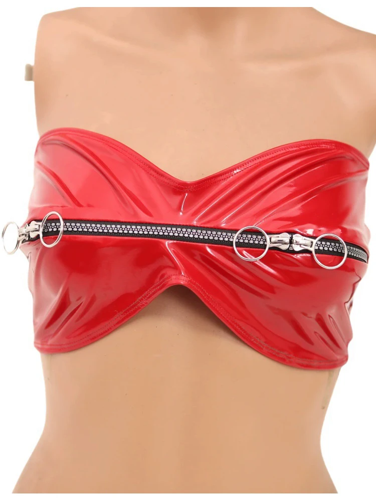 Zipper Open Bustier Crop Tops Wet Look PVC Bra Shiny PU Leather Camis Tights Sexy Clubwear Cropped Strapless Boob Tube Top Vest