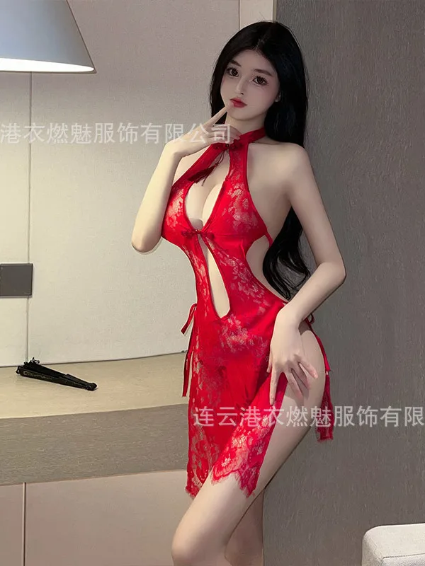 ชุดตาข่าย Sheer ใหม่ชุดชั้นในเซ็กซี่ลูกไม้ Cheongsam Hollow Out Hot Lace Up ชุดคริสต์มาสชุดผู้หญิง Tops CO7K