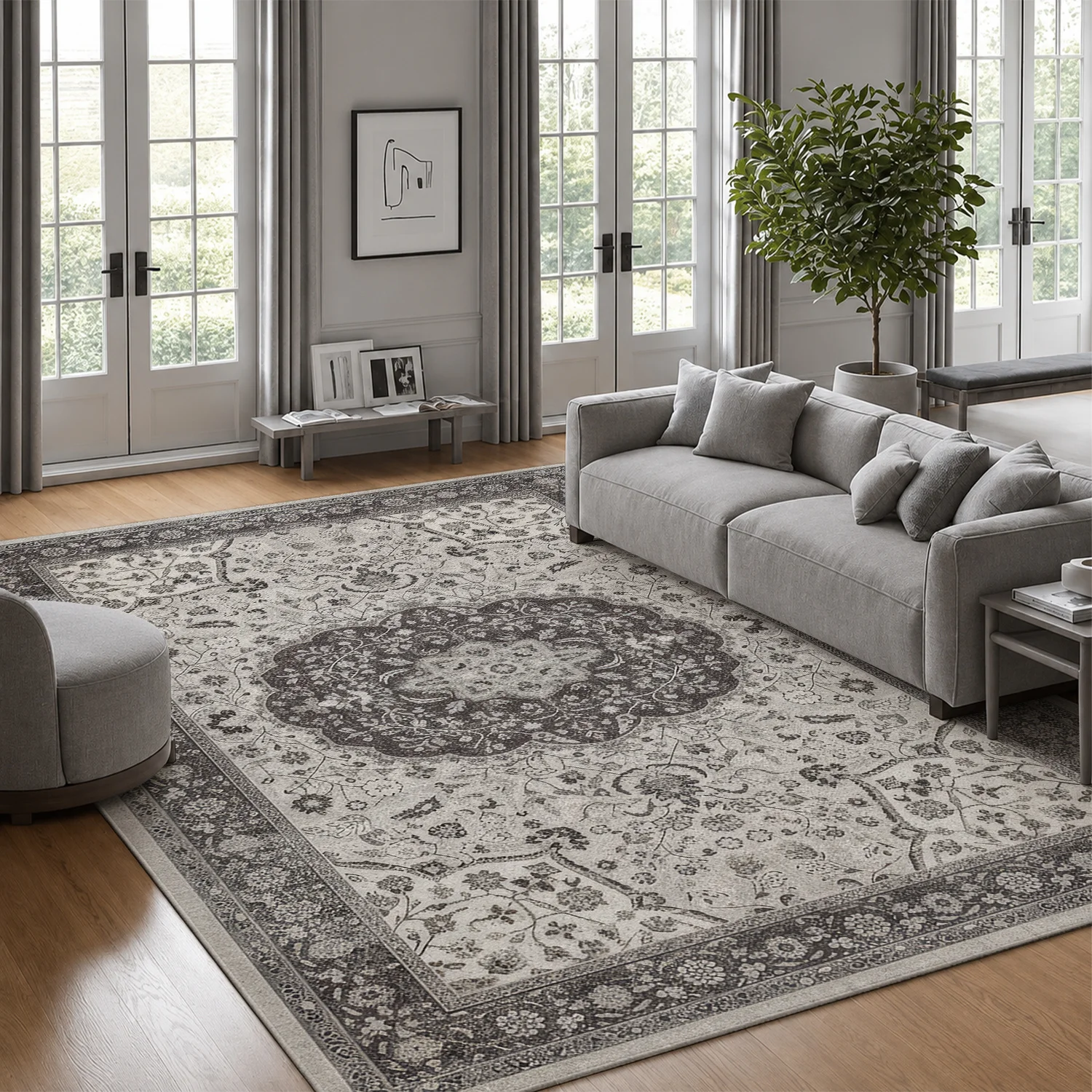 Large Indoor Area Rug, Soft Velvet Low Pile with Non-slip Dotted Backing, Machine Washable Vintage Persian Floral Medallion Rug for Living Room, Bedroom Neutral Traditional Accent Carpet