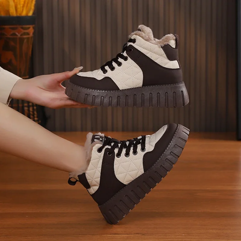 Winter Shoes Women Casual Sports Warm Fur Sneakers Ladies High-top Thick Sole Padded Snow Boots Footwear Platform Quilted Shoes