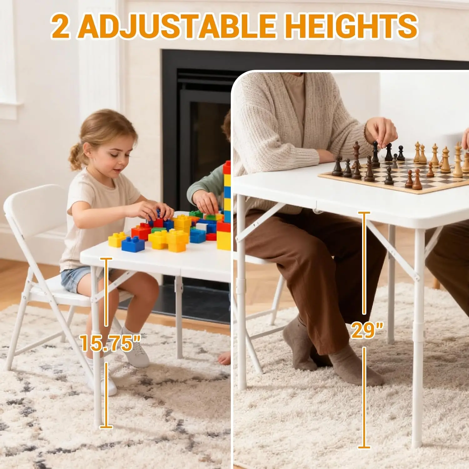 34" Square Folding Table, Multi-Functional Portable Foldable Card Table with Carrying Handle for Indoor Outdoor Camping Picnic Office Party Use Plastic Tabletop with Metal Frame White