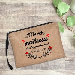 Women Neceser Makeup Bag Merci Maîtresse Gift for Teachers Cosmetic Bag Linen Zipper Teacher Storage Pouch Thank You Mistress
