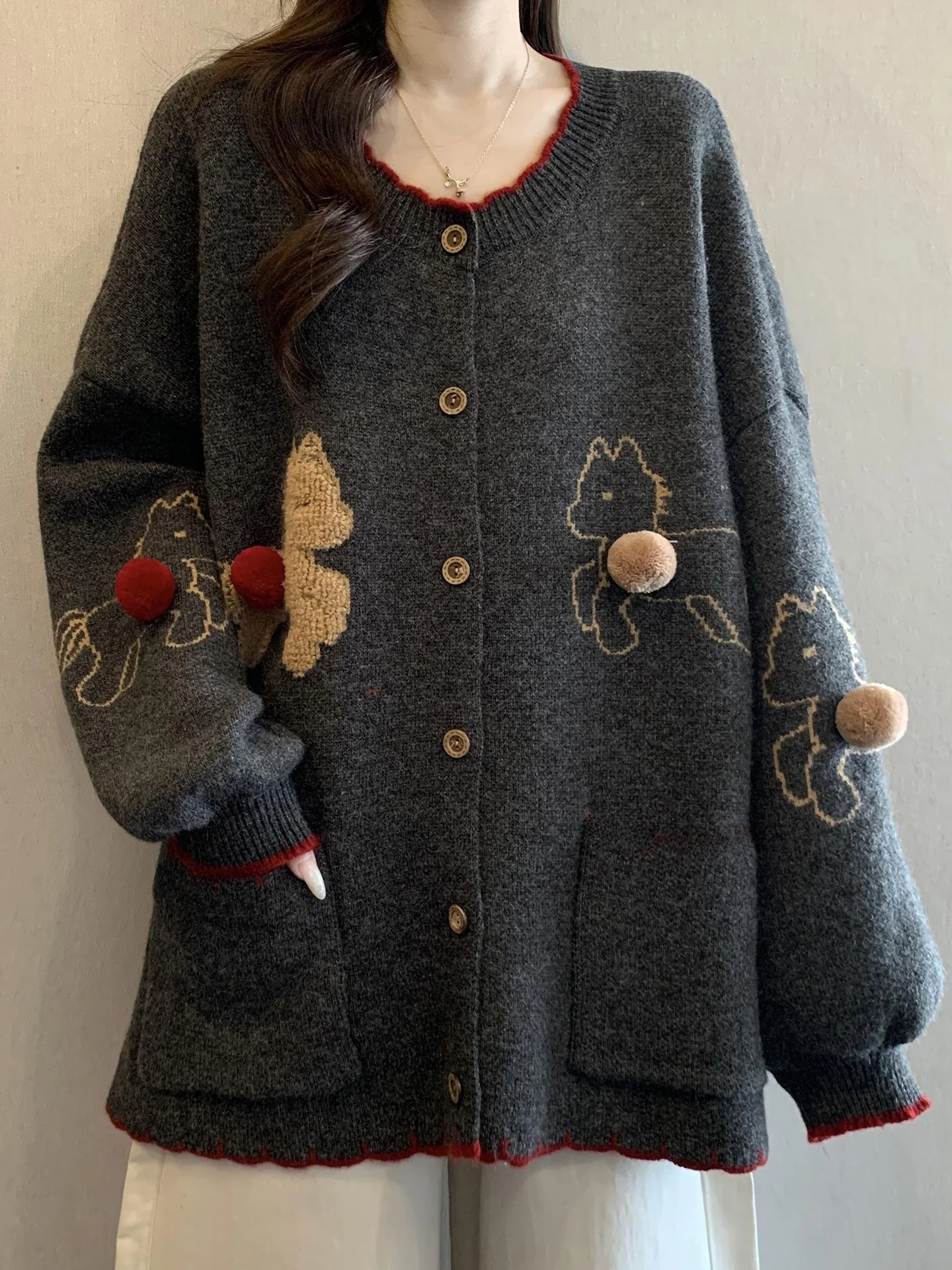 

Вязаный кардиган для женщин больших размеров, свободный, утепленный, осенне-зимний, повседневный, теплый, с круглым вырезом