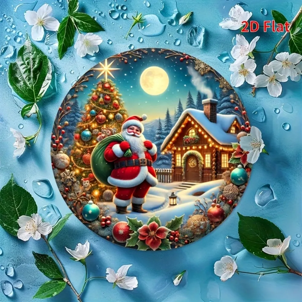 لافتة مسطحة ثنائية الأبعاد "عيد ميلاد سعيد" - تصميم إكليل سانتا، لوحة معدنية دائرية من القصدير | ديكور الباب الأمامي والتعليق على الحائط مصنوع يدويًا #5