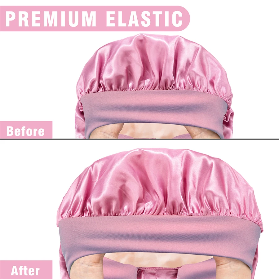 Women Silk Nightcap Suitable for All Hair Styles Large Long Satin Soft Hat for Protect Hair Stretchy Tie Band Sleep Cap Headband