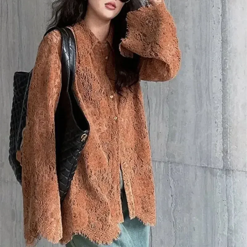 Chemisier en dentelle à manches longues pour femmes, chemise creuse à volants, chemise douce, café, printemps, automne, mode