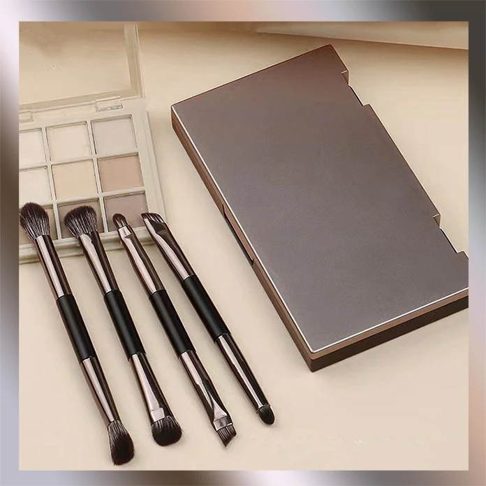 ポータブルメイクブラシセット、ミラー付き、旅行用ダブルヘッドアイシャドウ＆アイライナーブラシ、オールインワンコンパクトビューティーツール（4本）