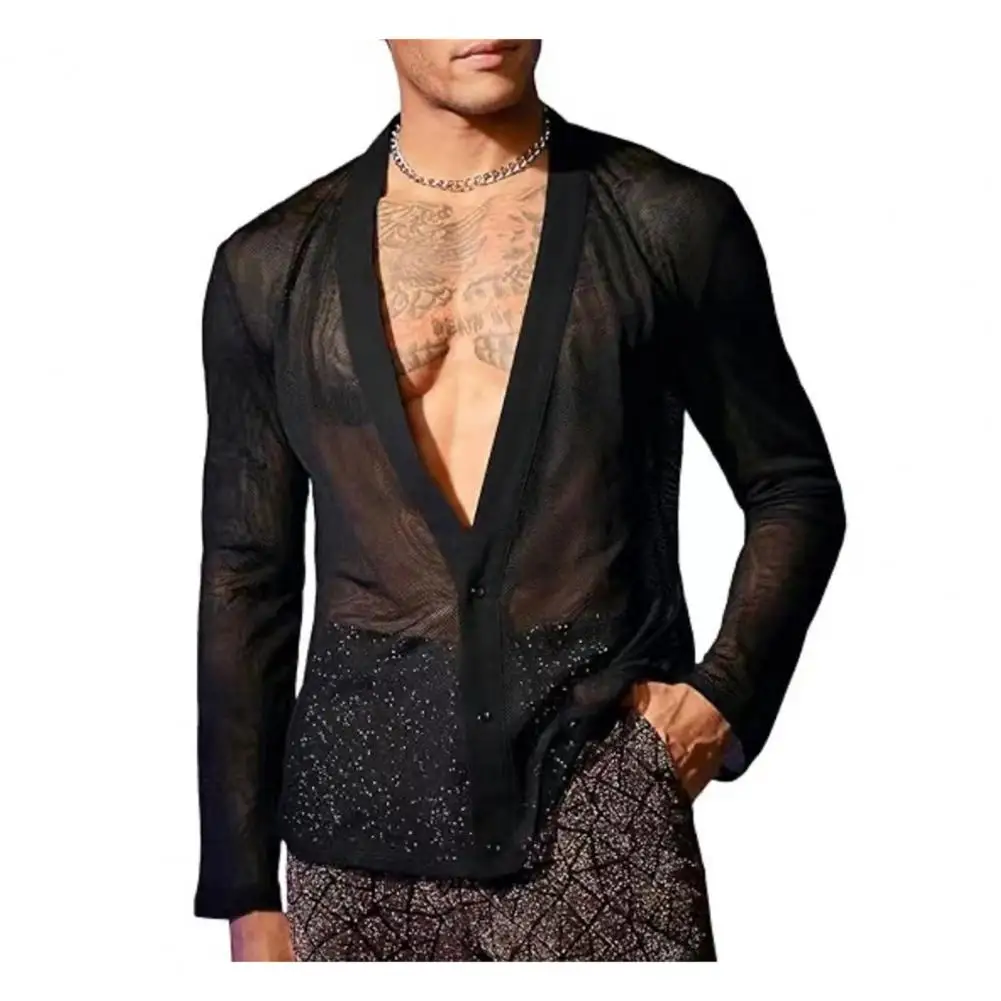 

Men Black V-neck Shirt Sexy Men's Mesh V Neck Club Shirt Sheer Long Sleeve Button-down Top for Muscular Men Party Performance