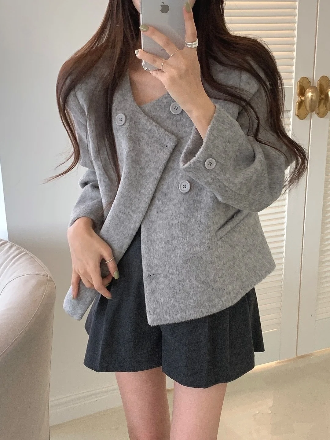 

Korean Sle Chic ort Woolen Coat Women's round Ne Double Breasted Outerwear Winter Faion Ele Lady's Top