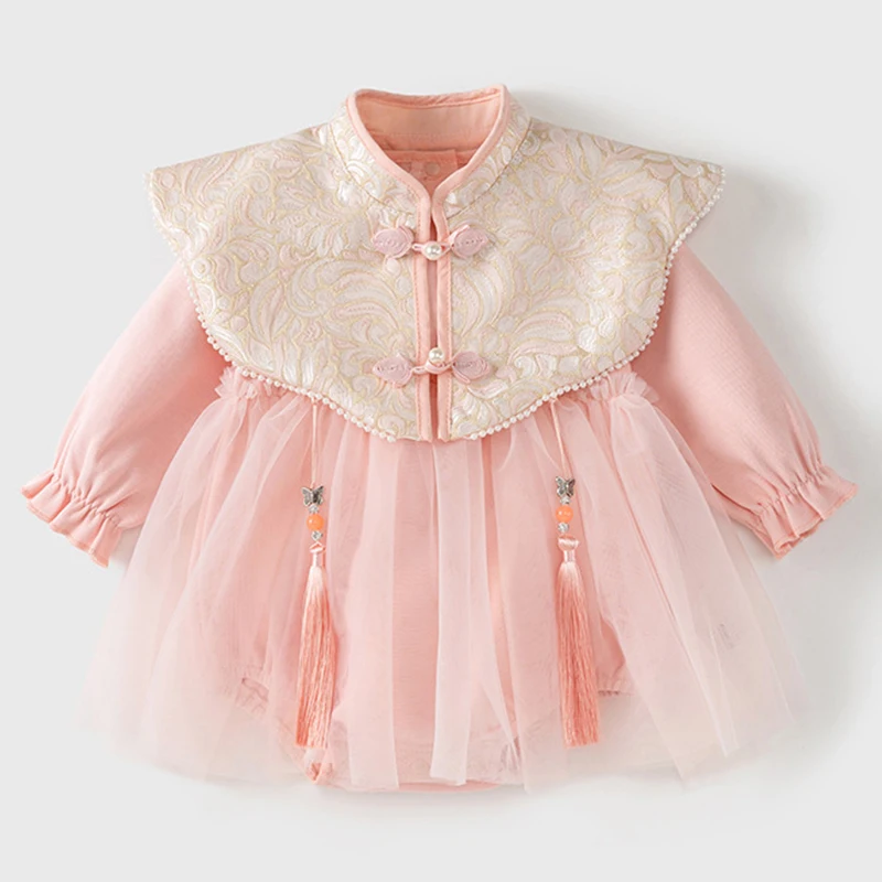 Spring Autumn Newborn Girls Clothes Fashion Chinese Style Pink Cute Mesh Long Sleeve Bodysuits & One-Pieces Baby Clothing BC083