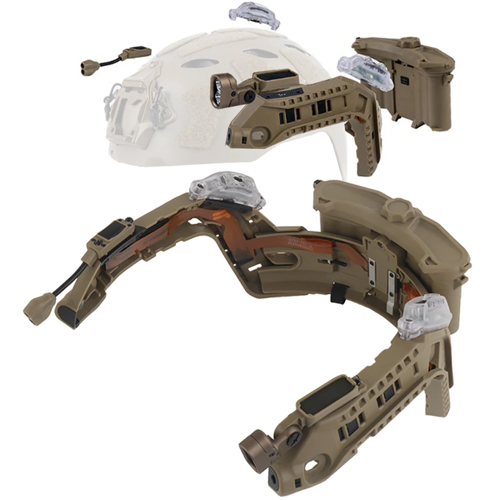 

Tactical Helmet Modular Set with ARC Rail Integration: Battery Pack, IR Illuminator, LED Torch, and Double Signal Light