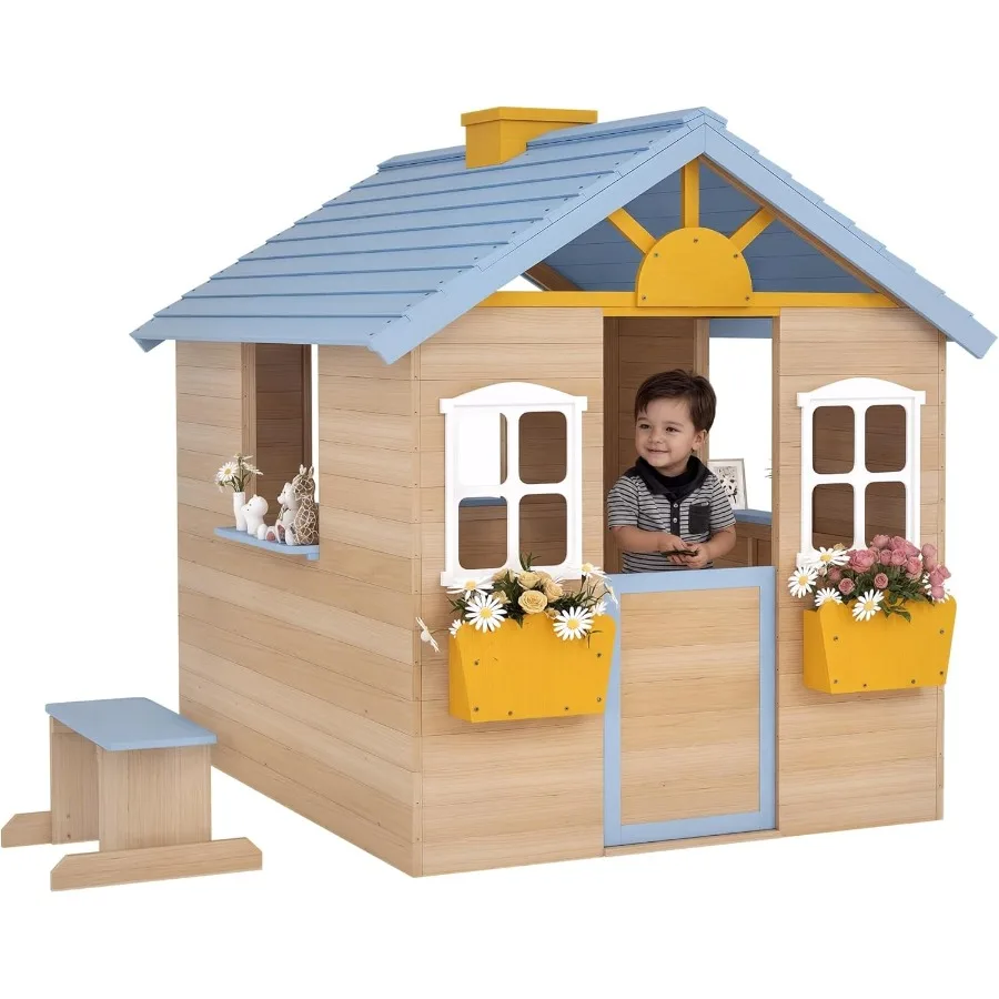 Casita de juegos de madera para niños, juegos de simulación de jardín al aire libre, cabaña de aventuras, con puerta de trabajo, ventanas, banco, estación de servicio