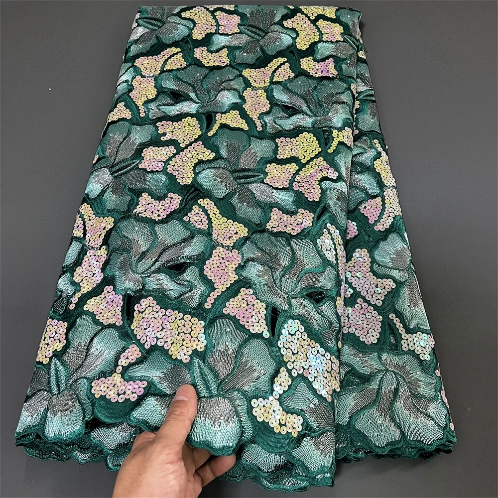 

African Nigerian Embroidery Lace Fabric, High Quality, French Tulle, Wedding Party Dress, Sequins, Organza 5Yards, 2025 PS0013