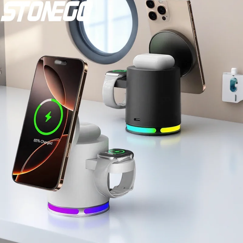 3in1 Magnetic Wireless Charger for iPhone 12 13 14 15 16 Apple Watch AirPods Samsung Fast Charging Dock with LED Indicator