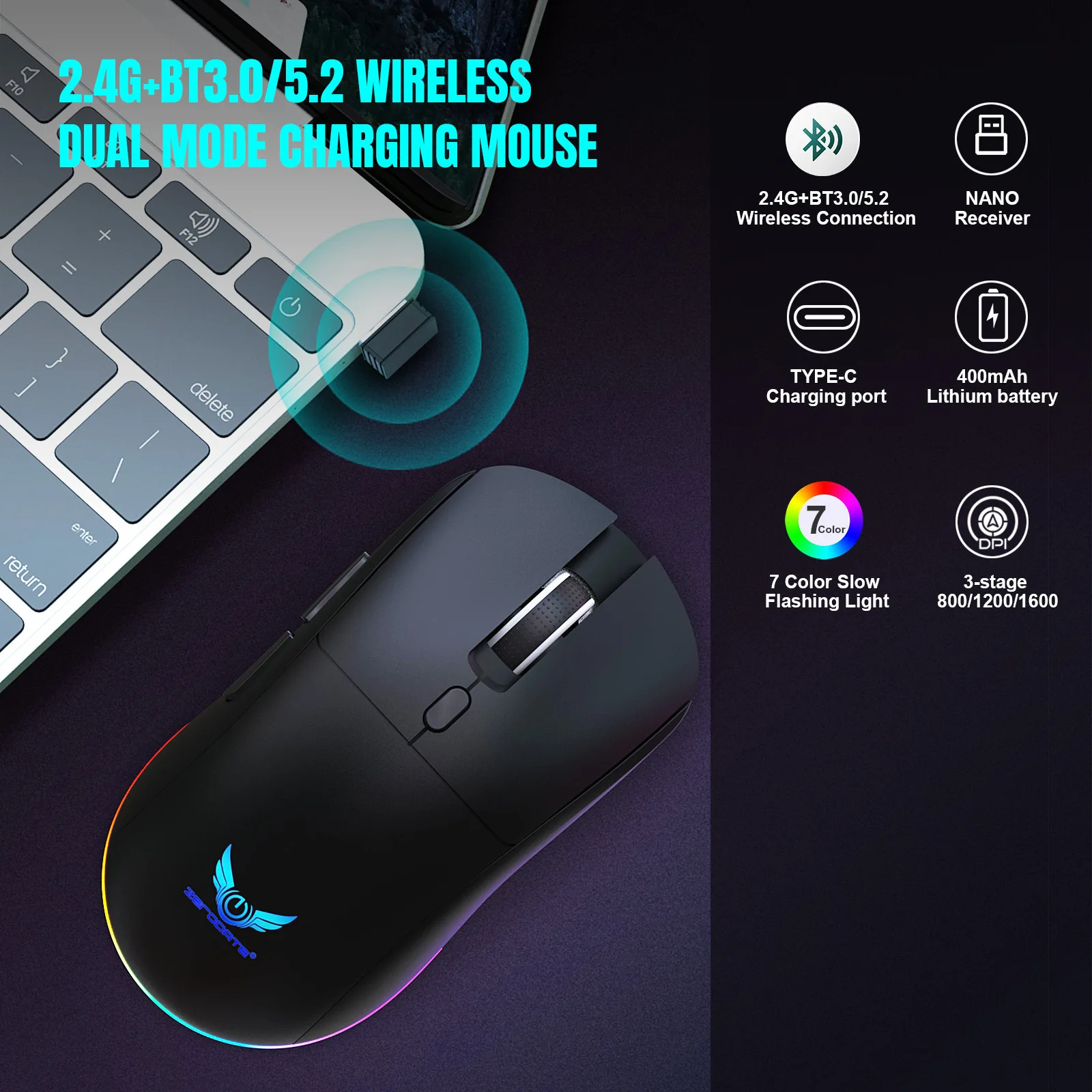 

2.4G+Bluetooth Dual-mode Rechargeable Wireless Mouse Lightweight Office Game Mice DPI Adjustable Low Noise Button Optical Mause