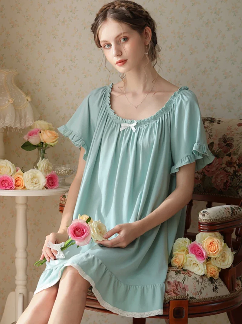 Women Pure Cotton Night Dress Ruffle Short Sleeve Victorian Vintage Nightgowns Kawaii Girl Lolita Nightie Princess Sleepwear