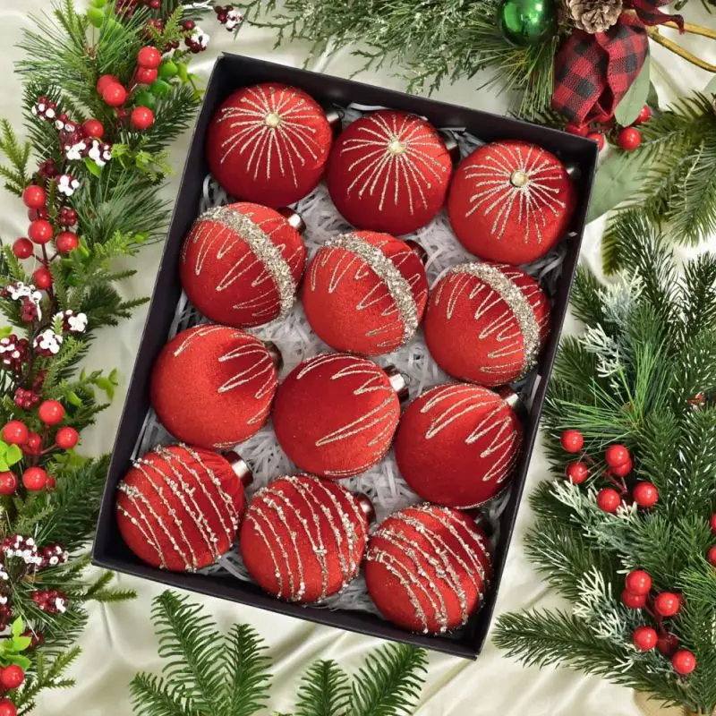 

12 шт./компл. бархатный рождественский шар, подвеска, украшение для рождественской елки, рождественский шар, подарочная коробка, 8 см, 3,2 дюйма