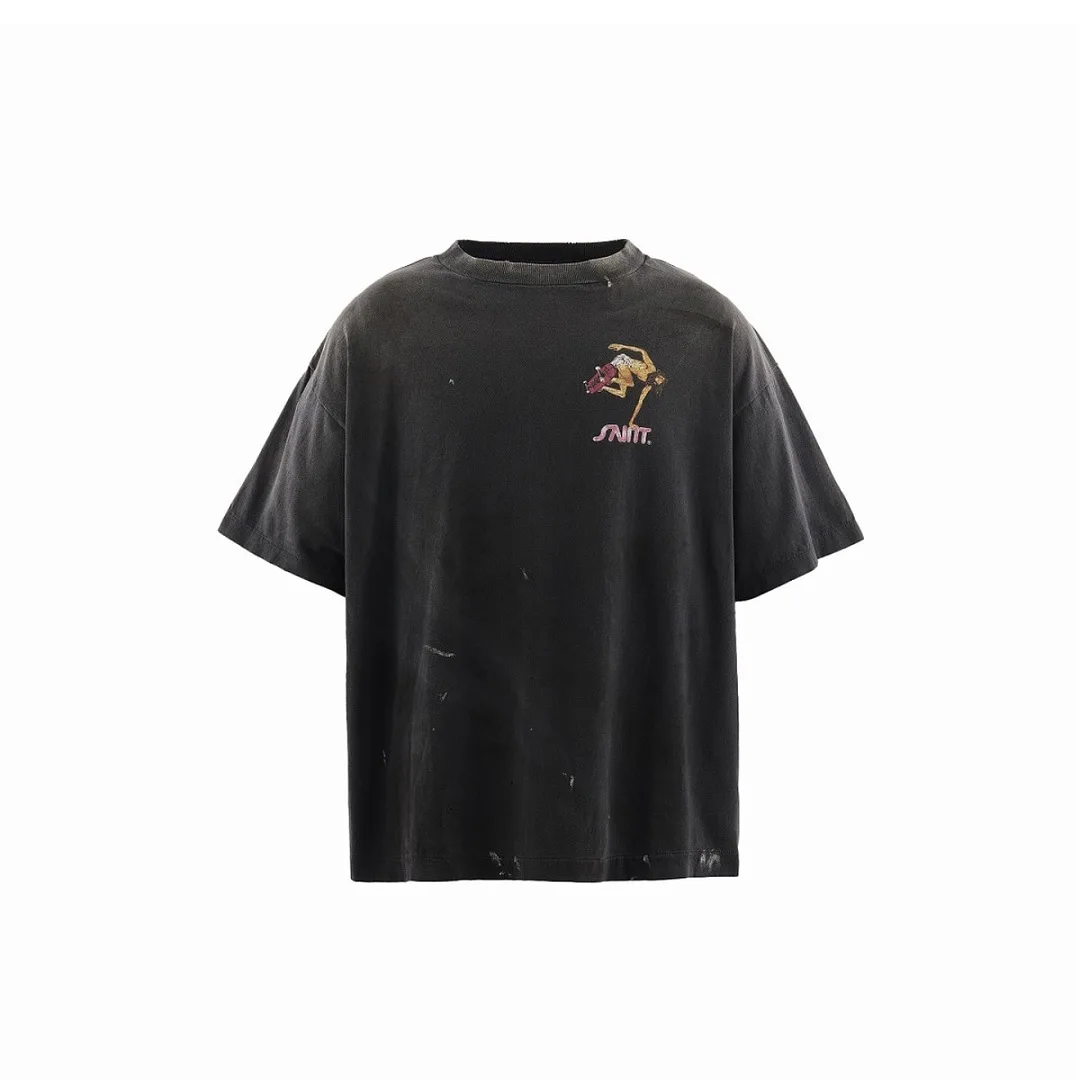 Oversized Distressed Vintage Saint Tee Saint Dancer Graphic Print Unisex Retro Washed Black Casual Streetwear Cotton T Shirt