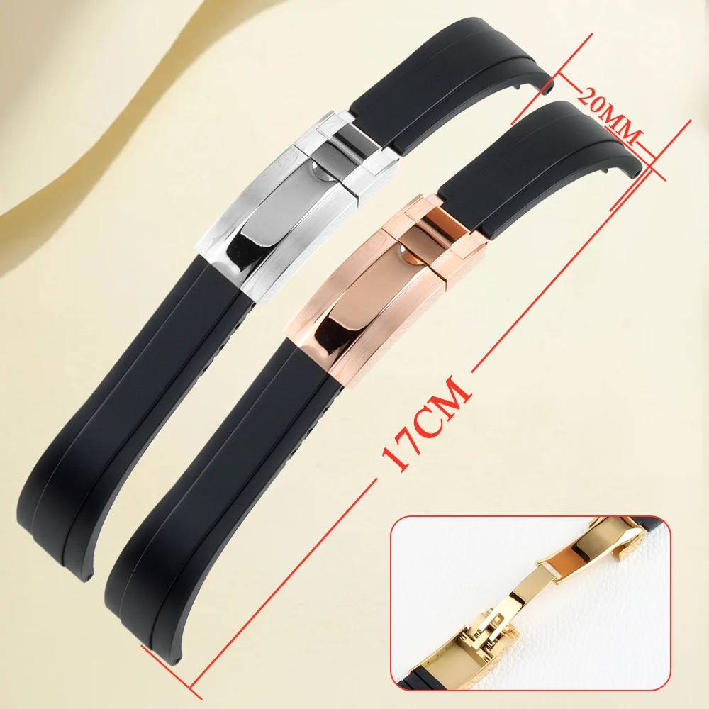 

Black 20mm Watchband Rubber Strap Solid 316L Stainless Steel Silver/Rose Gold Clasp Watch Bracelet Folding Buckle