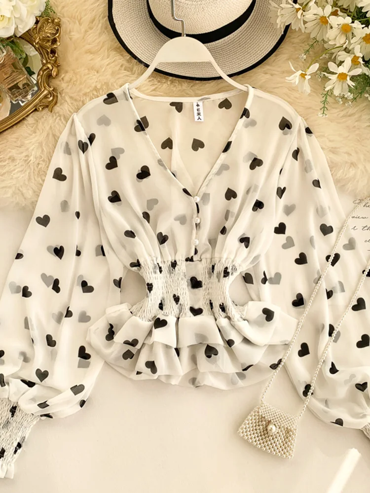 Women\'s Love Print Chiffon Shirt Top Spring Autumn V-neck Puff Sleeve Elastic Waist Double-layer Ruffled Tops and Blouses ML702