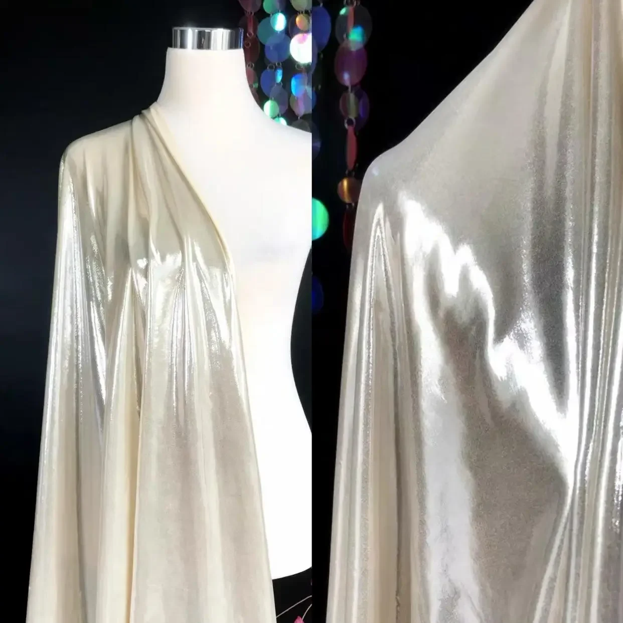 

Gold Apricot Metallic Water Light Imitation Leather Fabric Soft Elastic Shiny Designer Dress Fabric for Fashion Projects