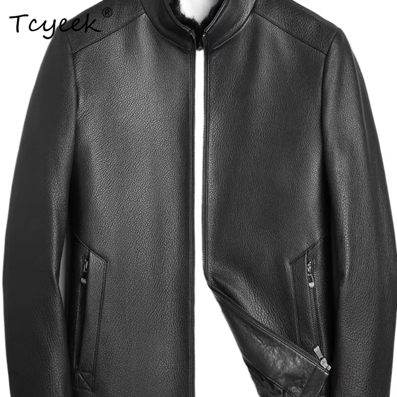 

Tcyeek Goatskin Mink Fur Collar Down Inner Liner Trendy Stand Up Collar Black Men Genuine Leather Jacket Куртка Кожаная Мужская