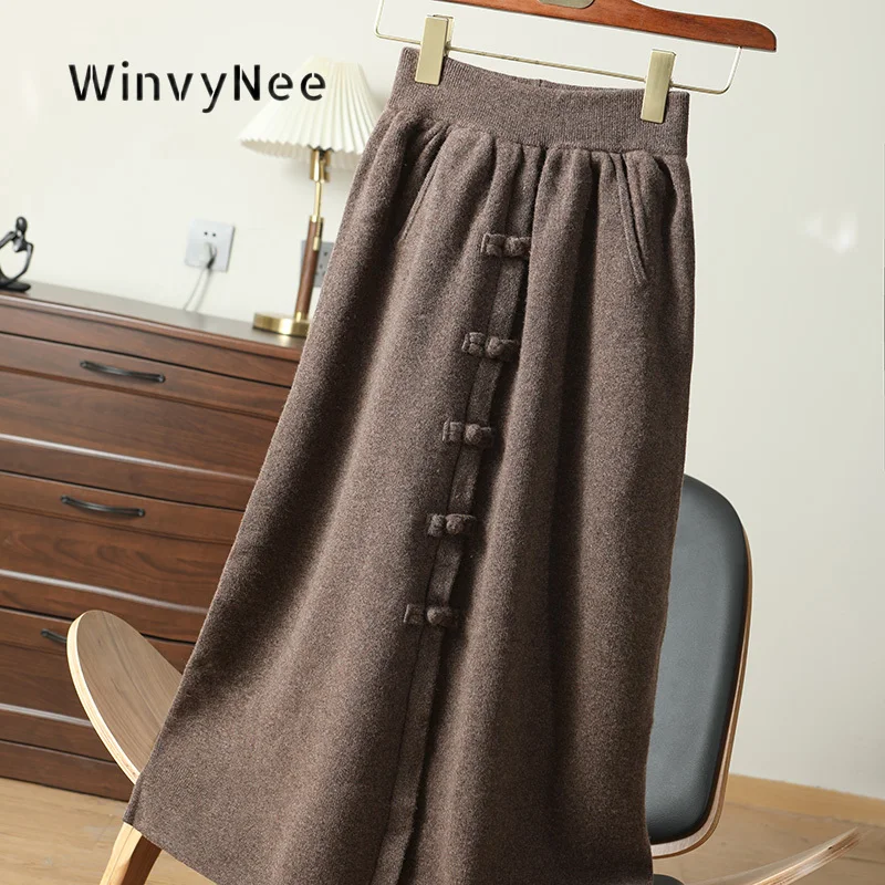 WinvyNee Women Straight Skirt Pure Wool Oriental Decorative Buttons Twin Pockets High Rise Soft Knit Daily Street Wear ZE1853005