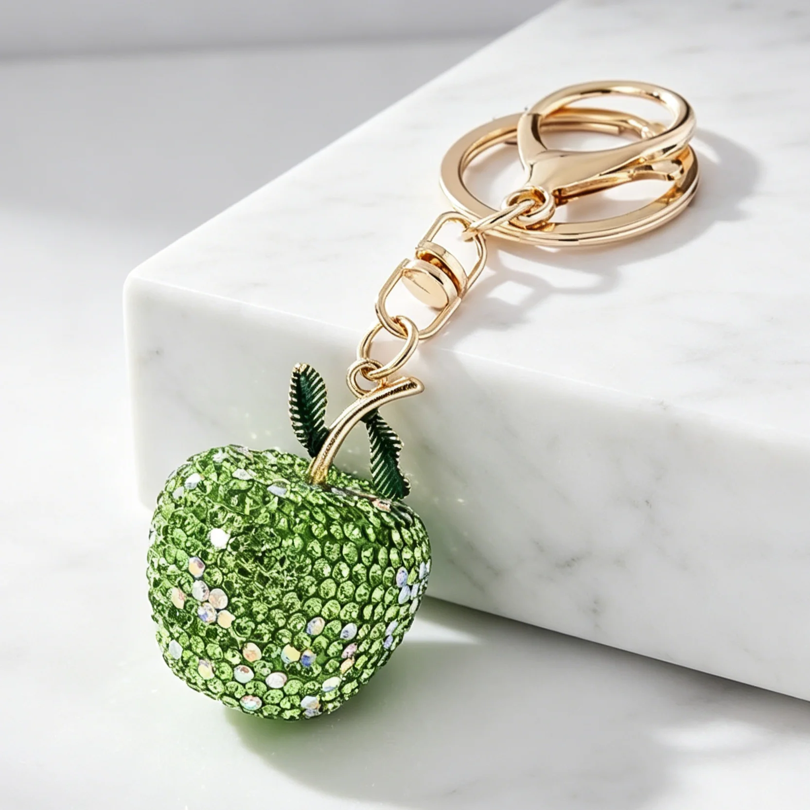 Niedliche Schlüsselanhänger mit grünem Apfel und vollem Diamantbesatz, Kristall-Frucht-Anhänger, Schlüsselring, modische Handtaschen-Dekoration, Schmuck, Geschenk für Frauen und Mädchen – Detail 3
