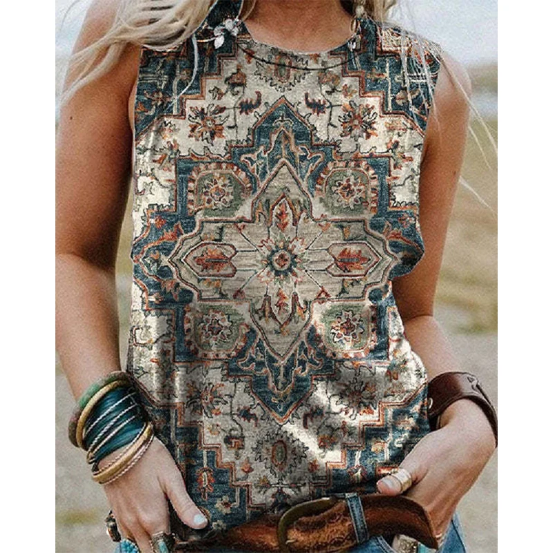 Western Style Tank Tops Geometry 3D Print Summer Fashion Women O-Neck Vest Off Shoulder Y2k Sleeveless Camisole Woman Clothing