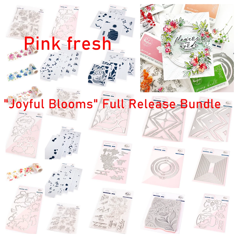 Pink fresh New Craft Dies Joyful Blooms Full Release Bundle Foiled Script Sentiment Stamps Stencils DIY Scrapbook Card Embossing