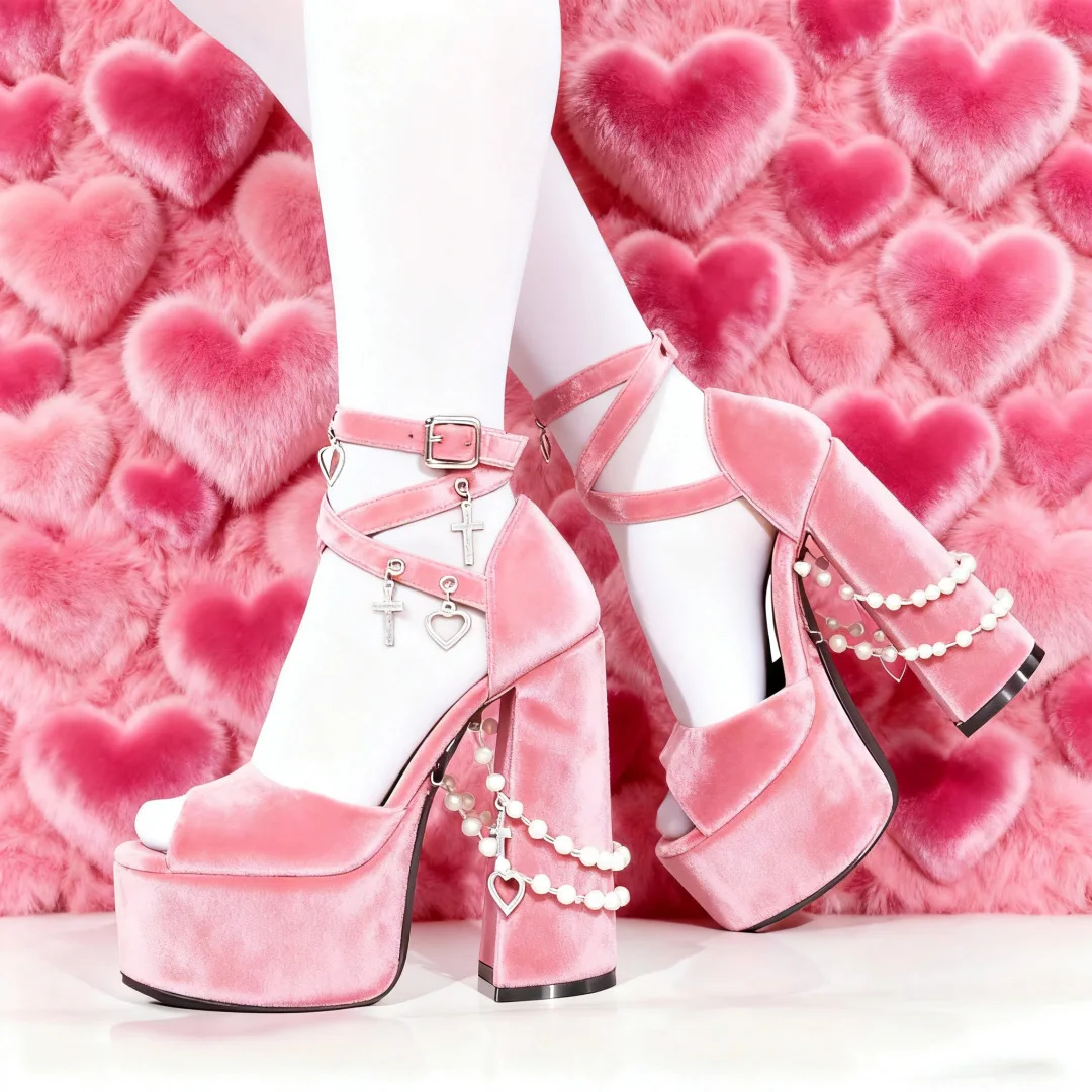 Women's Hot Chick Pendant Metal chain platform sandals big size crystal chunky heel peep toe black/pink/red party lolita shoes - view 2