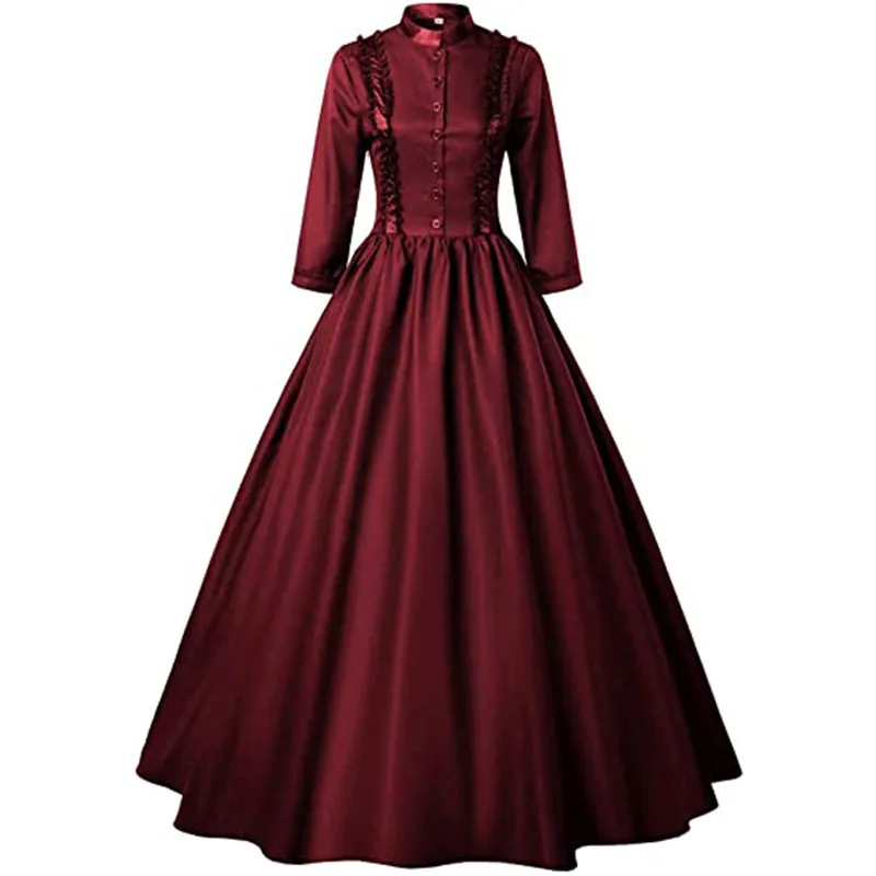 Costume medievale da donna abito vittoriano tinta unita dolcevita manica lunga monopetto abito da ballo da festa regina principessa Vintage