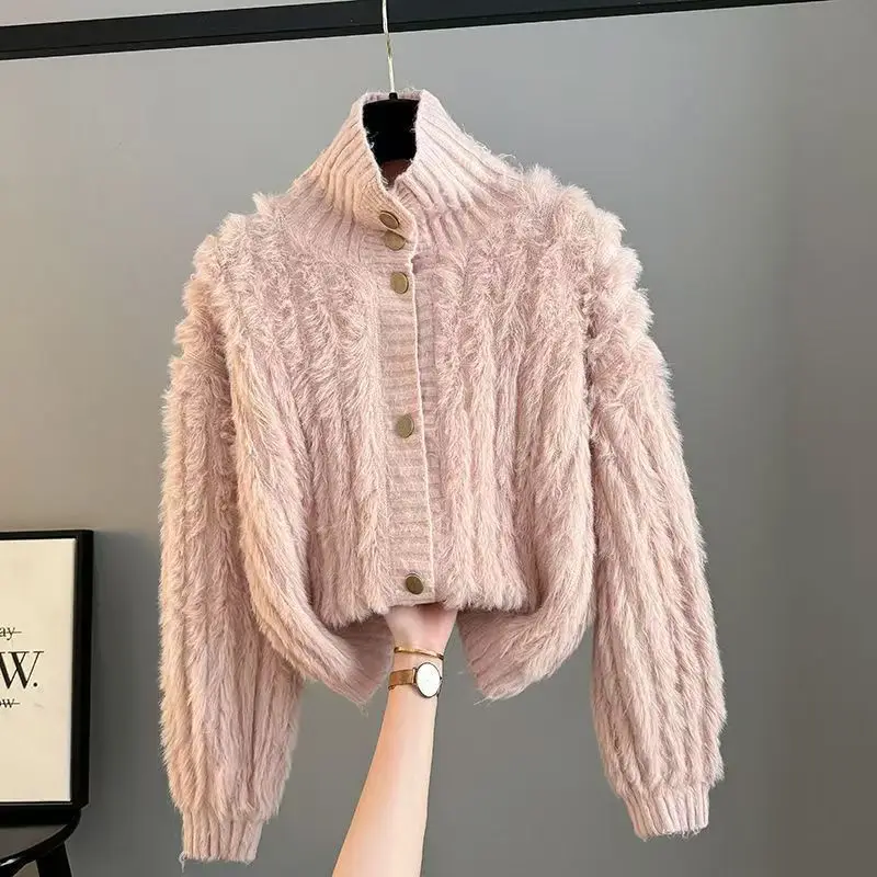 الياقة المدورة سترة المرأة فضفاضة سترة قصيرة سترة طويلة الأكمام واحدة الصدر سترة الراقية مزاجه معاطف شتاء 2025 #6