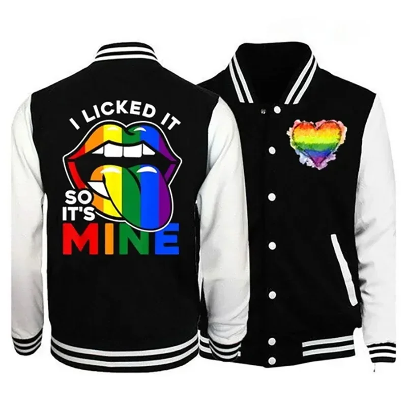 

Cool I Licked It So It's Mine Baseball Jacket Lgbt Pride Baseball Jersey Autumn/Winter Fashion Long Sleeve Sweatshirt Coat