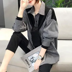 Vintage Korean Long Sleeve Spliced Striped Blouse Fashion Autumn Women's Clothing Turn-down Collar Bandage Casual Button Shirt