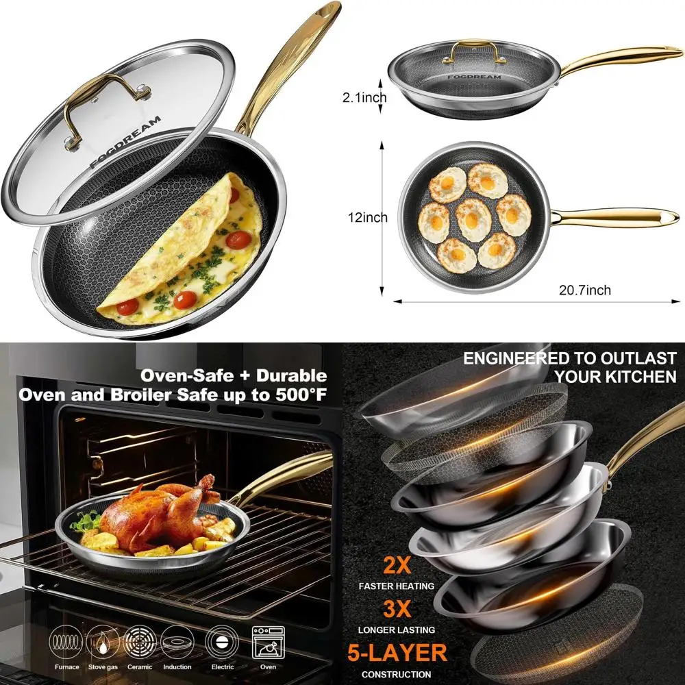 

12 сковородок из нержавеющей стали с антипригарным покрытием и крышкой, трехслойная конструкция, подходит для всех варочных панелей, можно мыть в духовке и в посудомоечной машине, Cool H