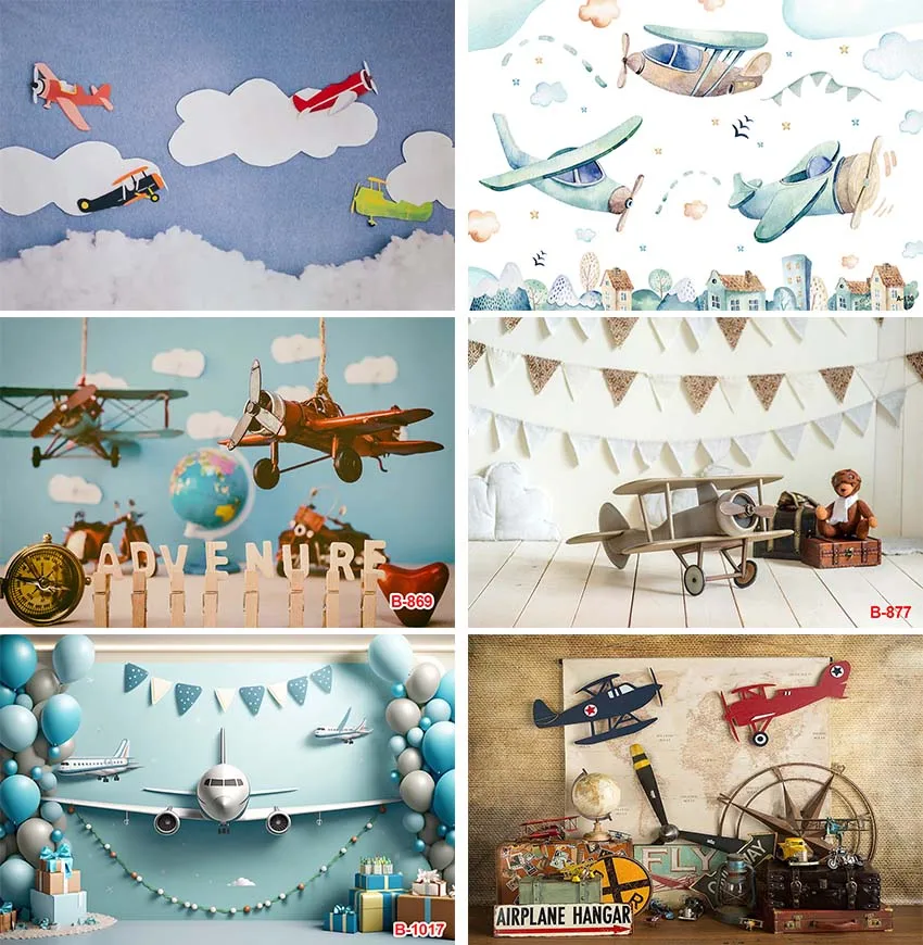 Photography Background Blue Sky White Clouds Vintage Airplane Boy Birthday Party Cake Smash Decor Backdrop Photo Studio