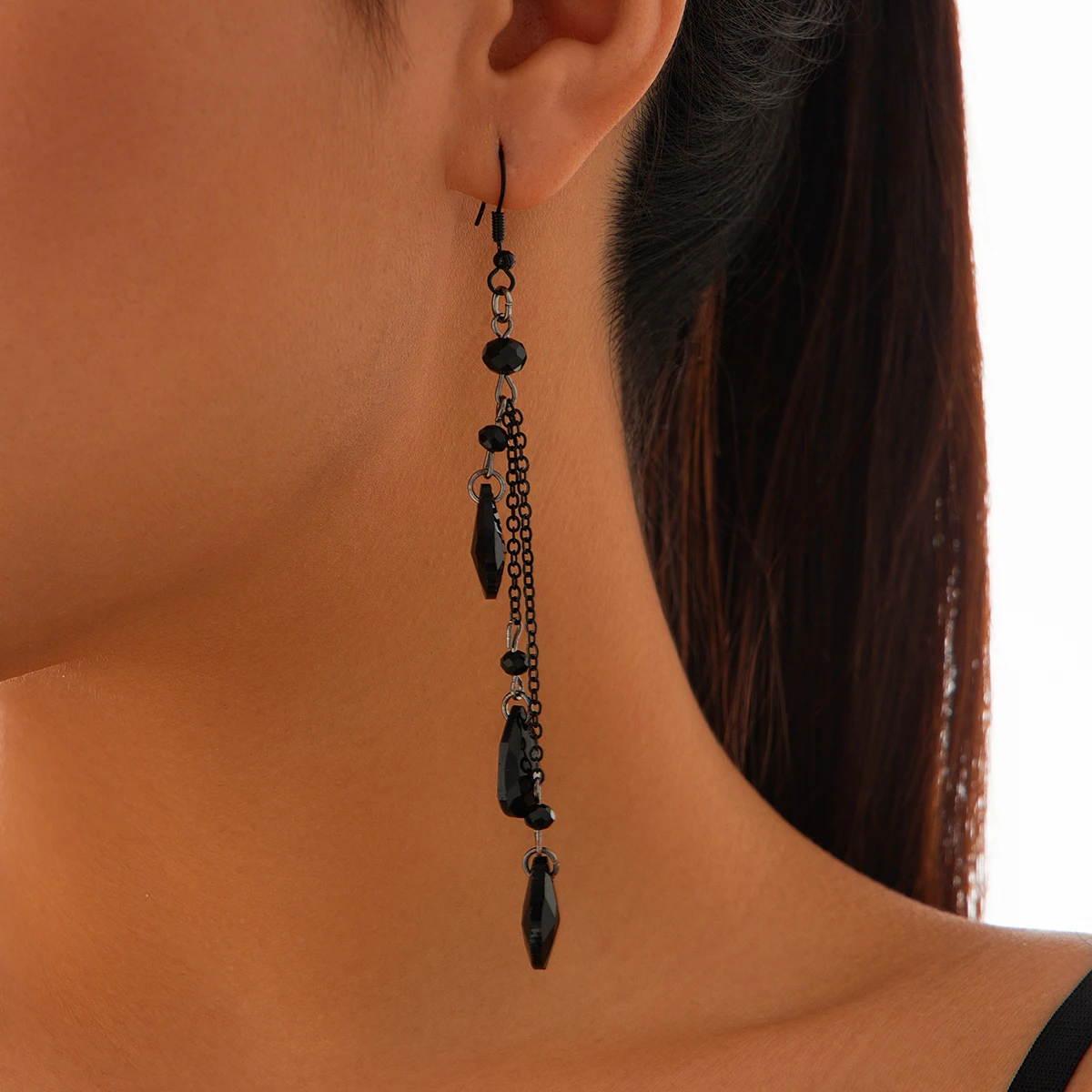 Purui trend ige schwarze Stein kette Ohren tropfen für Frauen elegante drei tropfen förmige Stein Anhänger Ohrringe Schmuck Zubehör Geschenk
