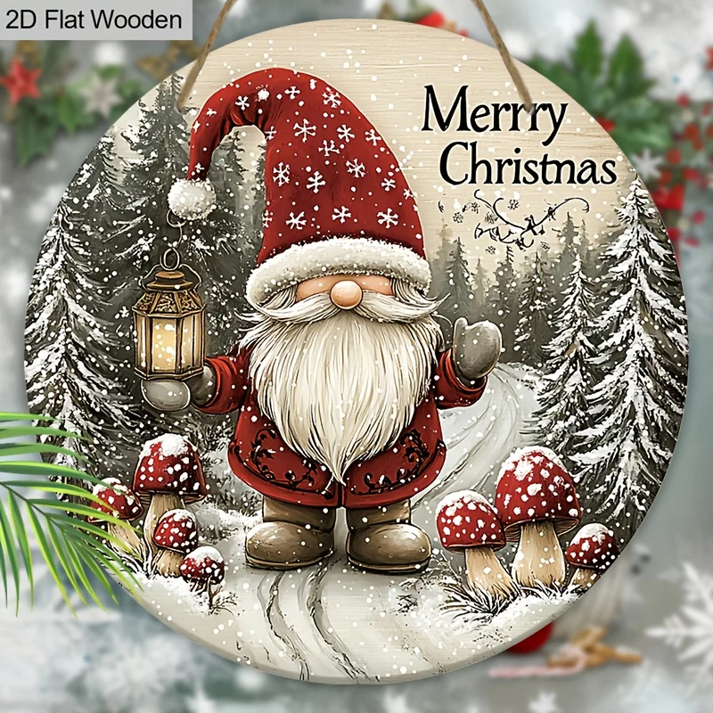 Ein flaches 2D-Weihnachtsschild aus Holz im Retro-Stil mit Zwerg- und Pilzdesign – eine kreisförmige Wandbehang für den Winter
