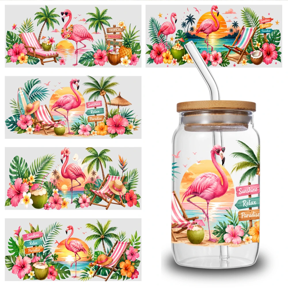 5 Sheets Tropical Flamingo Beach Scene UV DTF Stickers Plastic Self-Adhesive Labels Waterproof Decals UV DTF Transfer Stickers