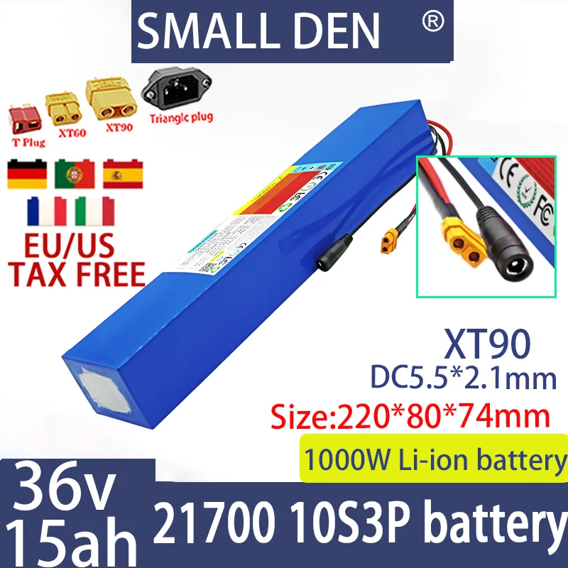 New 36V 15ah 21700 lithium battery pack, built-in BMS 1000W 15000mah electric scooter motorcycle high-power+2A 3A charger