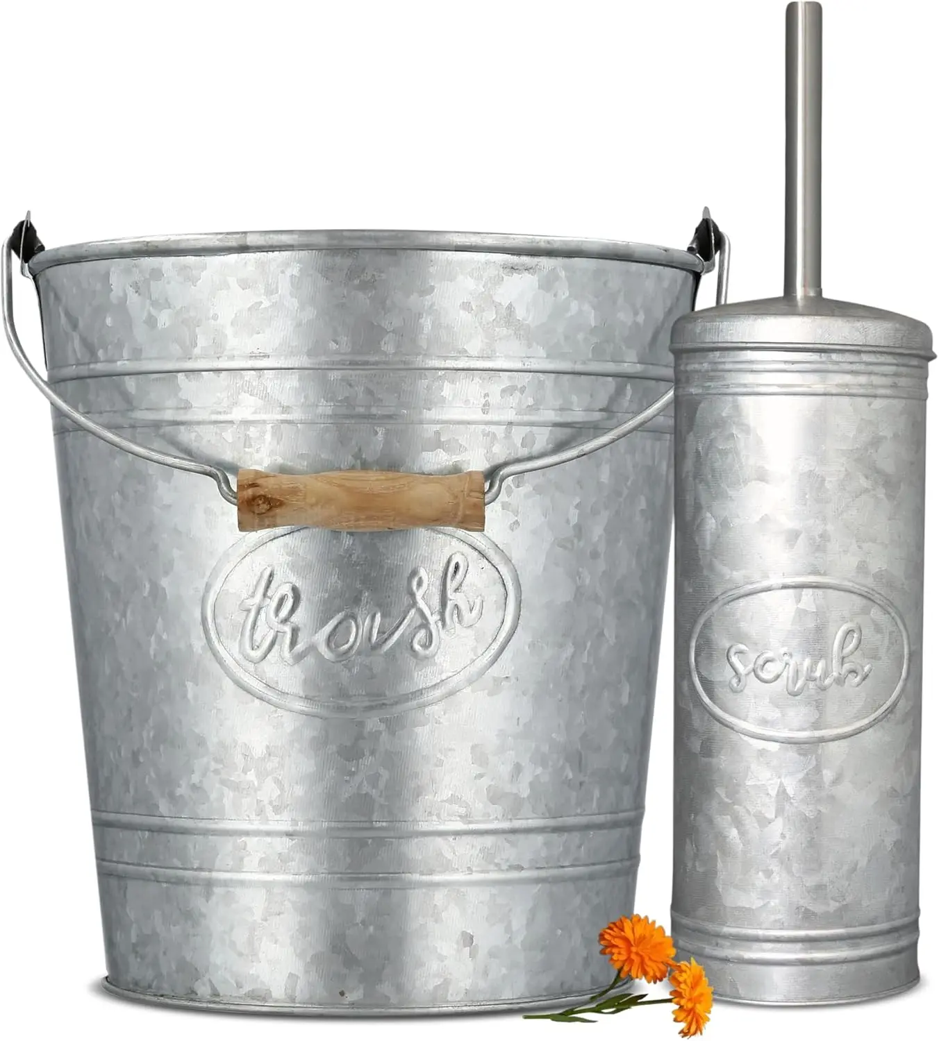 

Rustic Farmhouse Bathroom Trash Can and Toilet Brush Set - Galvanized Grey Decor, 2 Gal Capacity