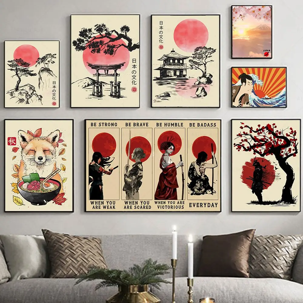 

Японская культура Фудзи Пейзаж Настенная живопись с принтом на холсте Рамен Самурай в луне Плакат Настенные панно Гостиная Кухня Декор