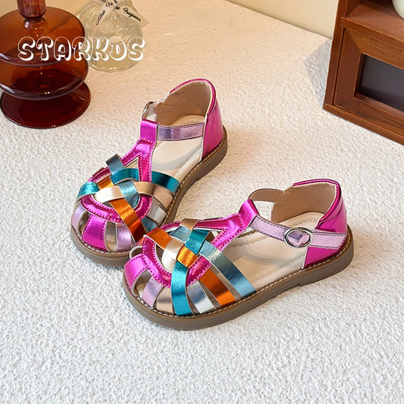 

Rainbow Color Weaved Sandals Kid Girl Brand Design Round Toe T-Strap Roman Shoes Baby Child Anti-Slip Soft Bottom Summer Zapatos