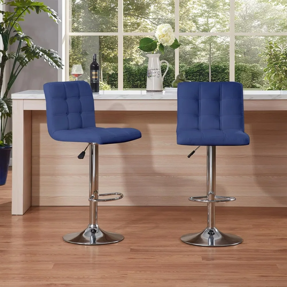 Blue Square Cushion Bar Stools Set with Back, 2 Counter Height Chairs for Cafe Use