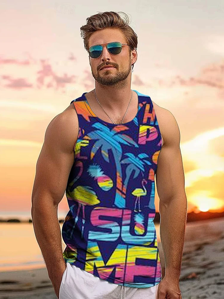 2024 New Hawaiian Style Men's Tank Top Summer Beach Casual Top Outdoor Travel Vacation Comfortabl Men's Vest Tropical Palm Print