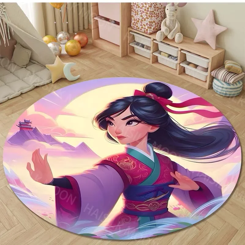 Disney Princess Mulan Printed Cartoon Round Carpet for Kids Living Room Rugs Picnic Mats Flannel Anti-Slip Rug Yoga Mat Gifts