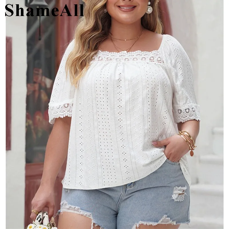 

Women's Plus Size Lace Patchwork Short Sleeves Shirt Square Neck Hollowed Tops T-Shirts Plus Size Women Clothing
